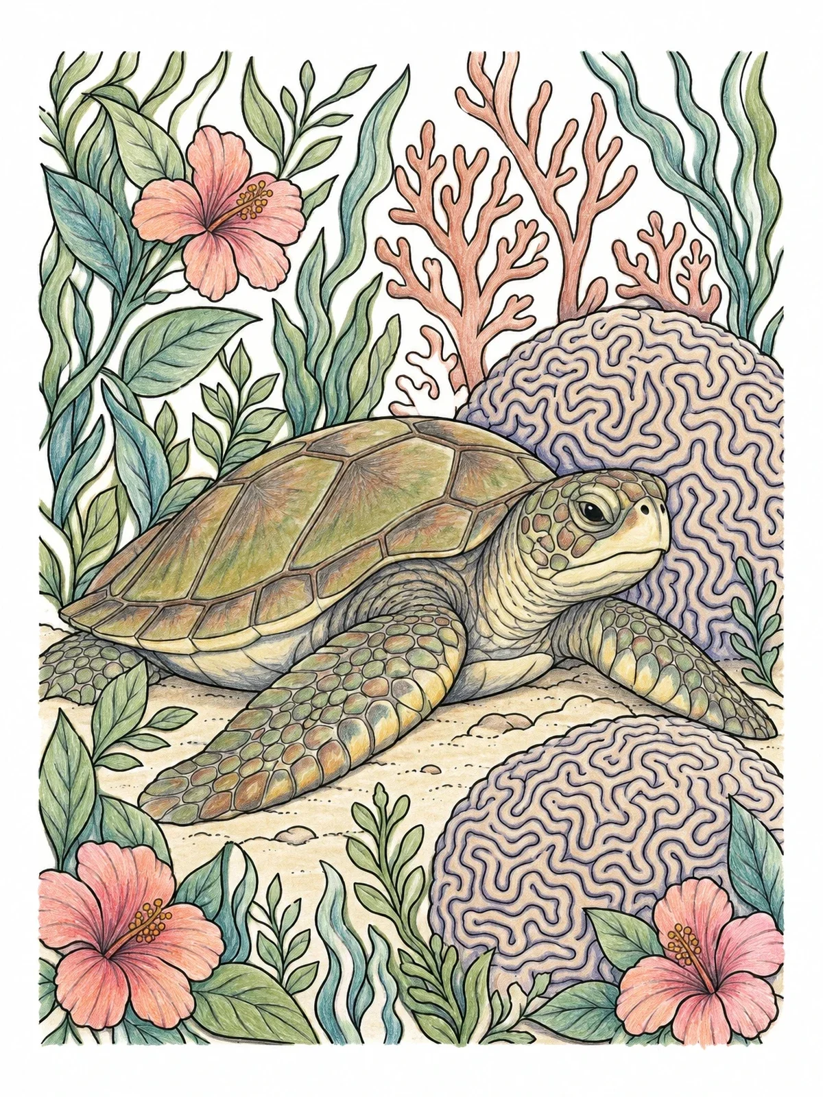 Colored example of the Sea Turtle On The Ocean Floor coloring page