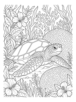 A detailed sea turtle coloring page resting among brain coral and tropical aquatic plants.