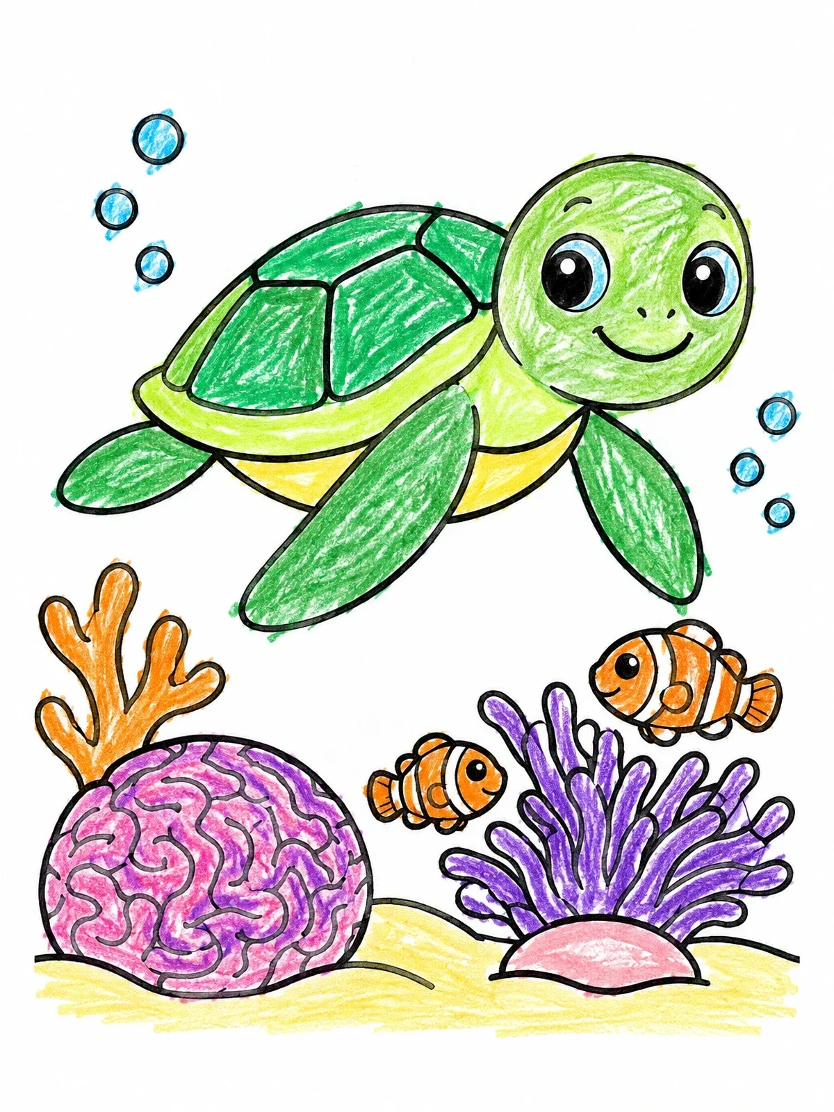 Colored example of the Sea Turtle Swimming Over Coral Reef coloring page