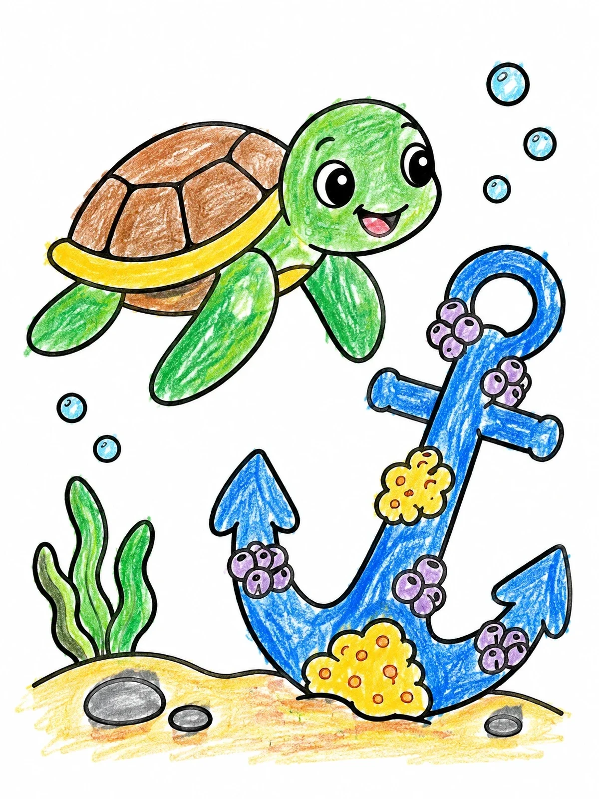 Colored example of the Sea Turtle Swimming By An Anchor coloring page