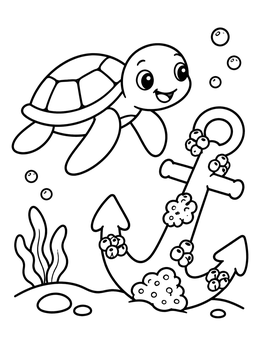 Free printable Sea Turtle Swimming By An Anchor coloring page