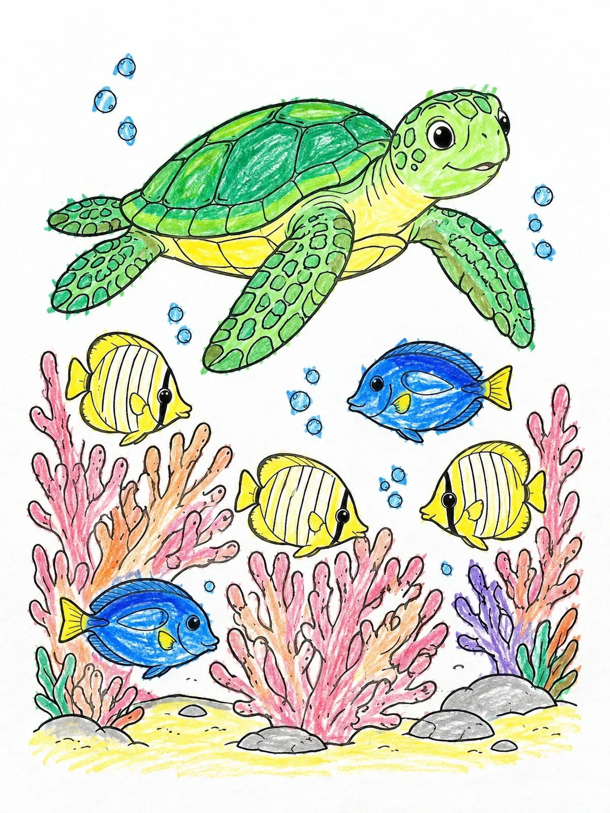 Colored example of the Sea Turtle Swimming Over Coral Reef coloring page