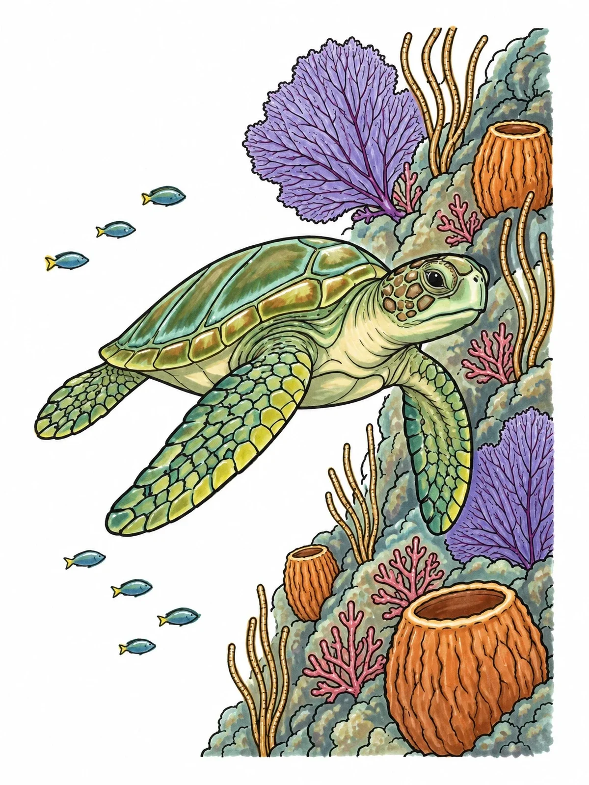 Colored example of the Sea Turtle Swimming By Coral Reef coloring page