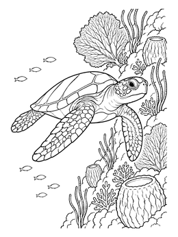 Free printable Sea Turtle Swimming By Coral Reef coloring page