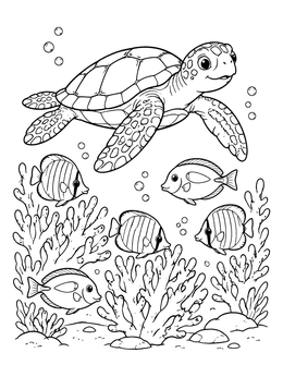 Free printable Sea Turtle Swimming Over Coral Reef coloring page