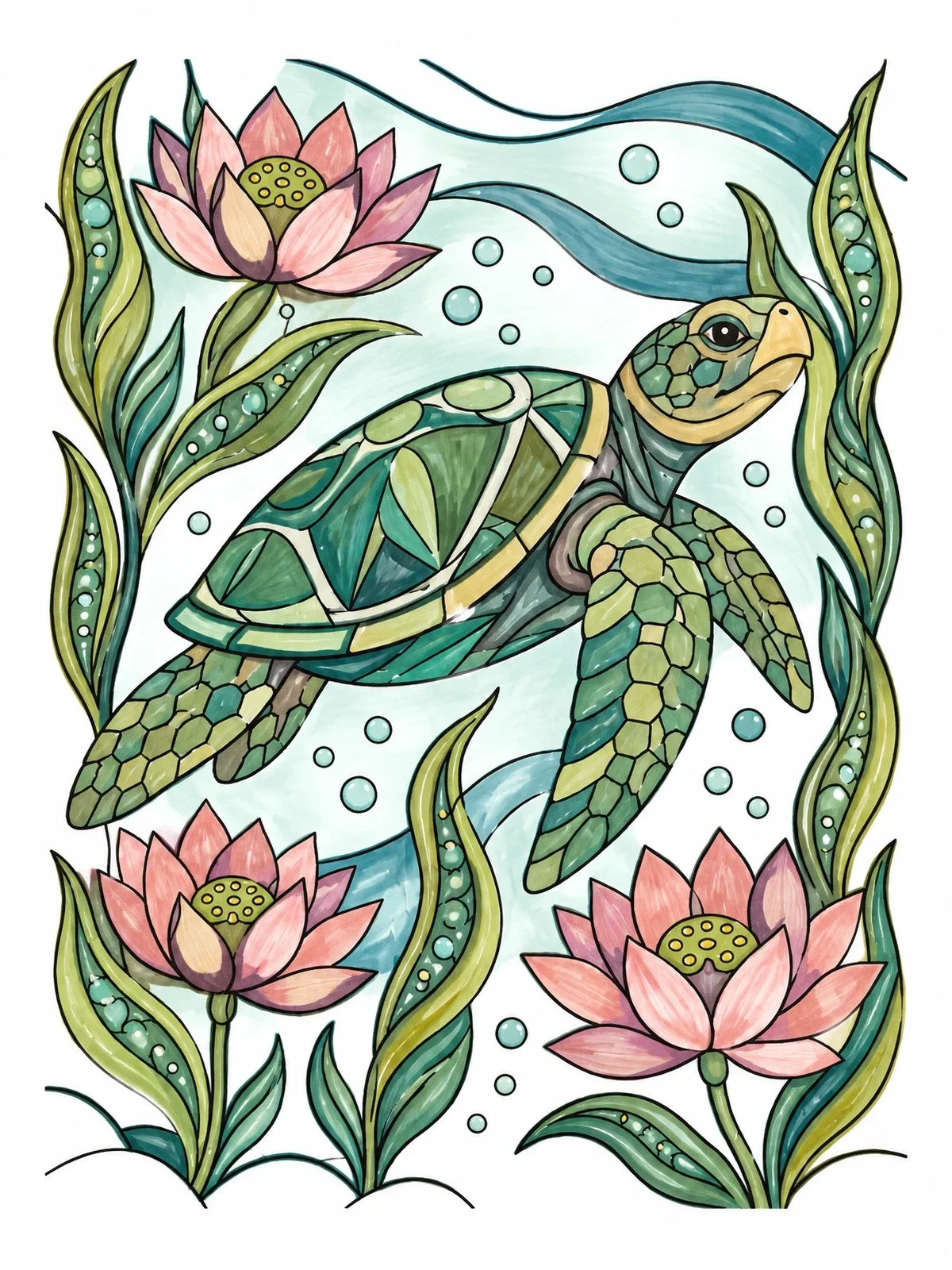 Colored example of the Sea Turtle Amid Lotus Flowers coloring page