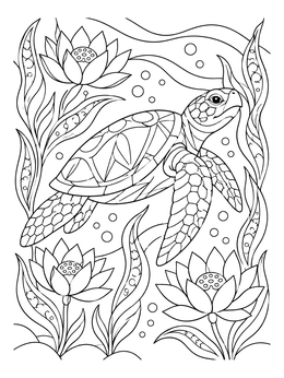 Detailed sea turtle coloring page surrounded by blooming lotus flowers and underwater flora.