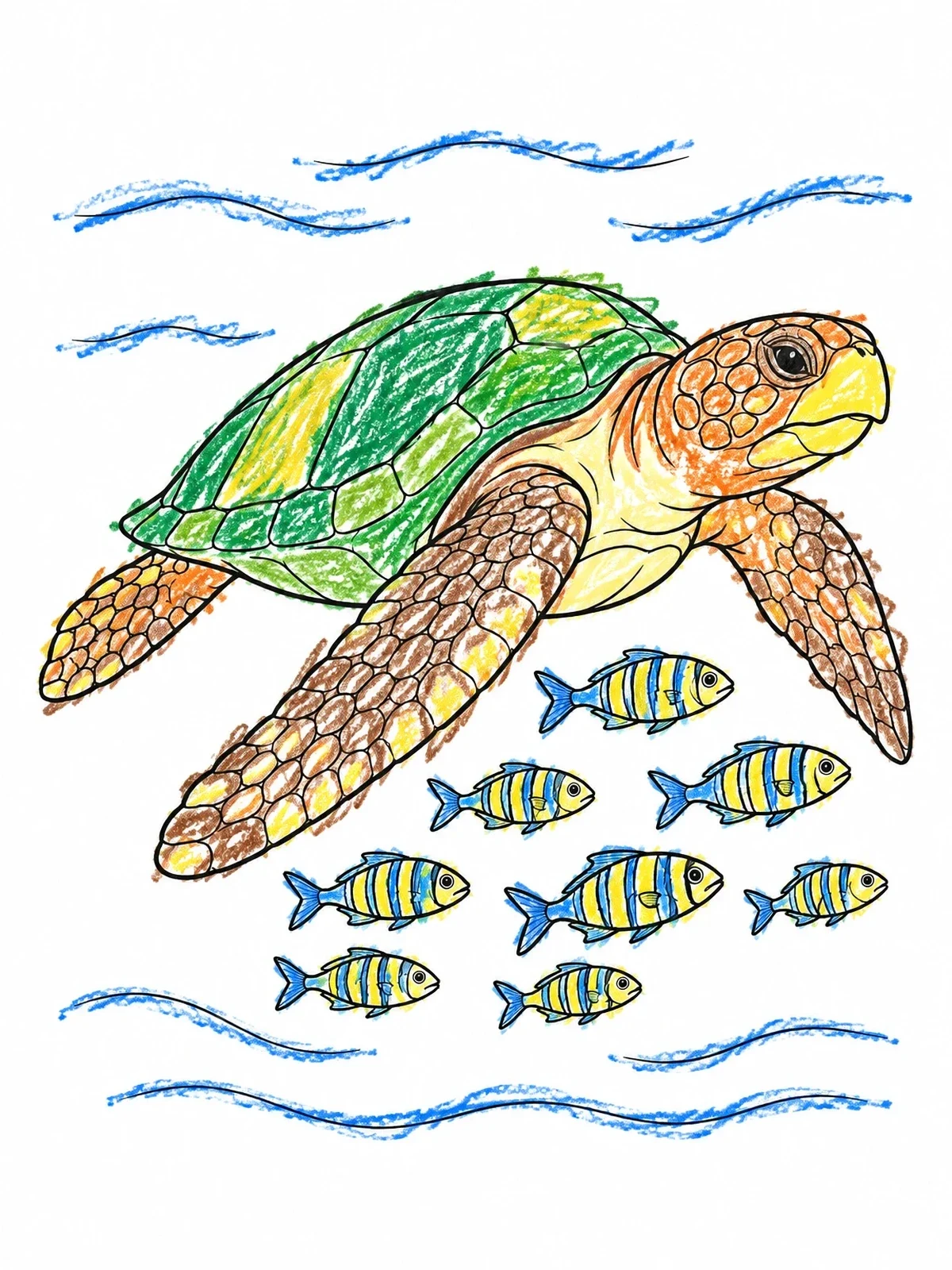 Colored example of the Sea Turtle Swimming With Small Fish coloring page