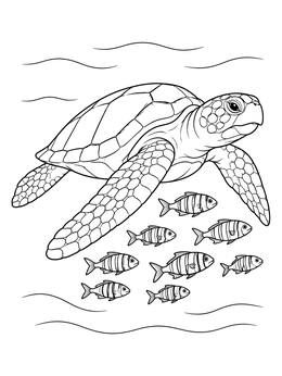 A detailed sea turtle coloring page showing a turtle gliding with small striped fish.