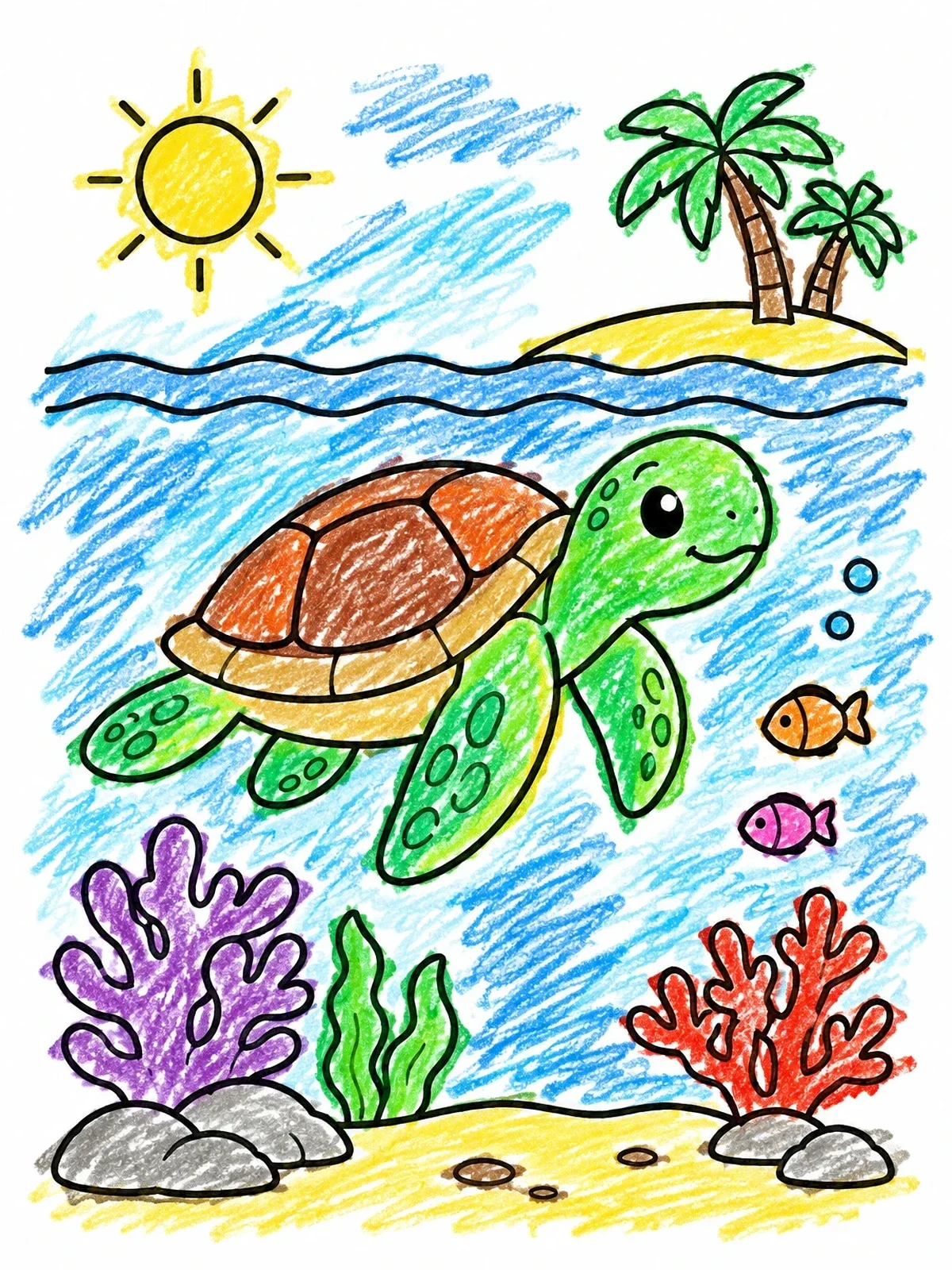 Colored example of the Sea Turtle Swimming Near Island coloring page