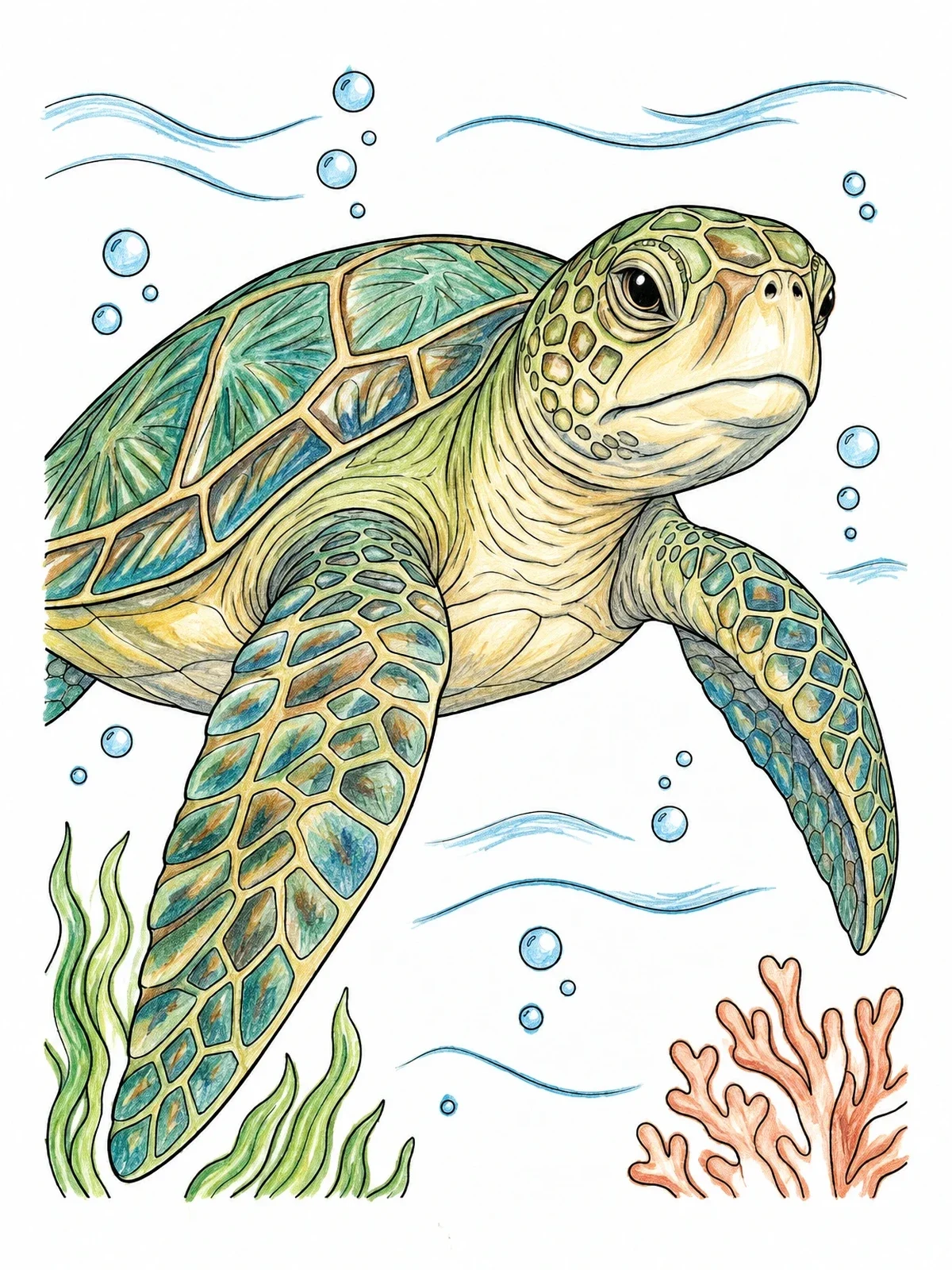 Colored example of the Sea Turtle Swimming Under The Sea coloring page