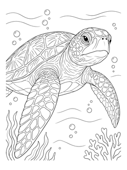 A detailed mosaic coloring page showing a sea turtle swimming over coral reefs.