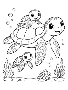 A cheerful mother turtle swims with baby turtles in this sea turtle coloring page.