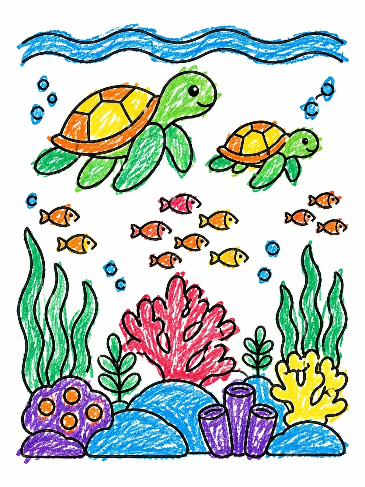 Colored example of the Sea Turtles At Coral Reef coloring page