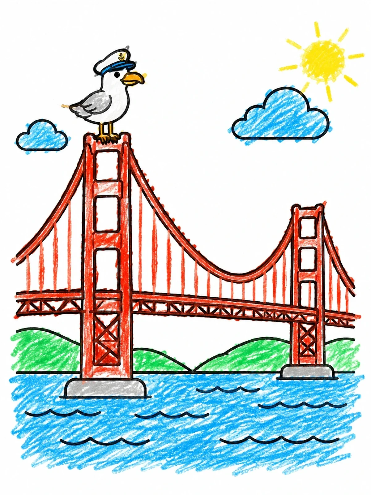 Colored example of the Seagull Captain On Golden Gate Bridge coloring page