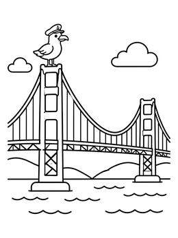 Free printable Seagull Captain On Golden Gate Bridge coloring page