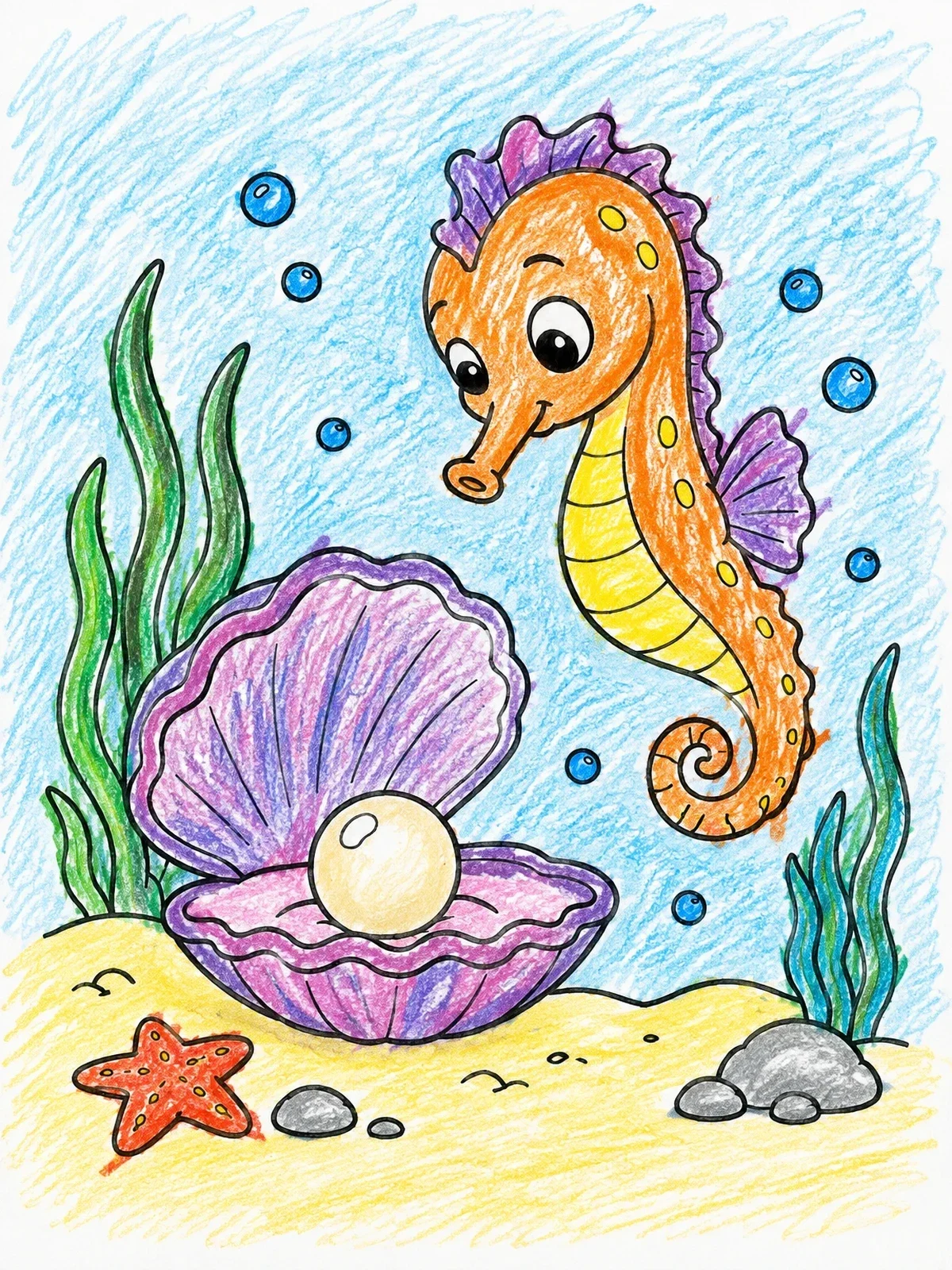 Colored example of the Seahorse And Open Clam With Pearl coloring page