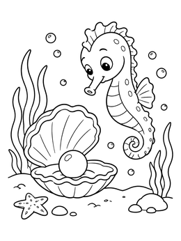 A sweet seahorse looking at a pearl inside a clam coloring page under the sea.