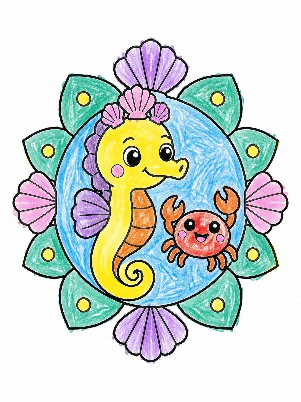 Colored example of the Seahorse And Crab In Shell Frame coloring page