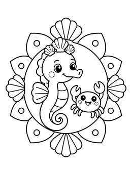 Free printable Seahorse And Crab In Shell Frame coloring page