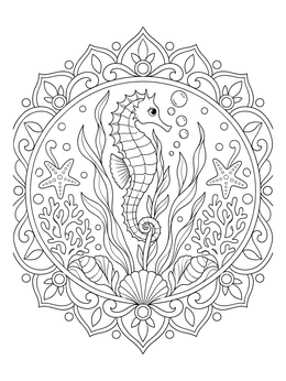 An ornate seaweed coloring page featuring a seahorse, starfish, and corals inside a mandala.