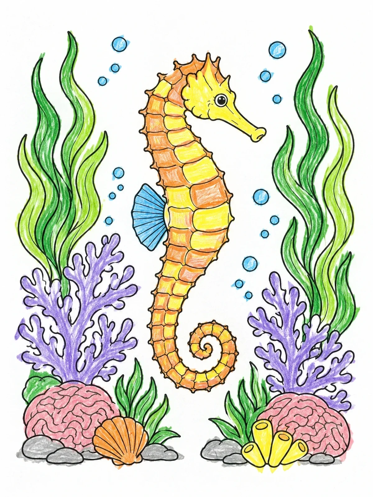 Colored example of the Seahorse Among Coral And Seaweed coloring page