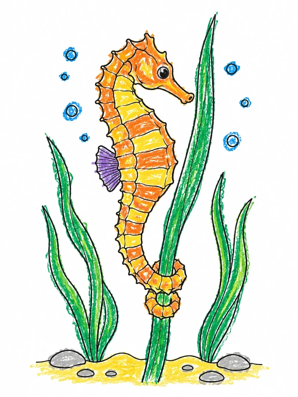 Colored example of the Seahorse Clinging To Tall Seagrass coloring page