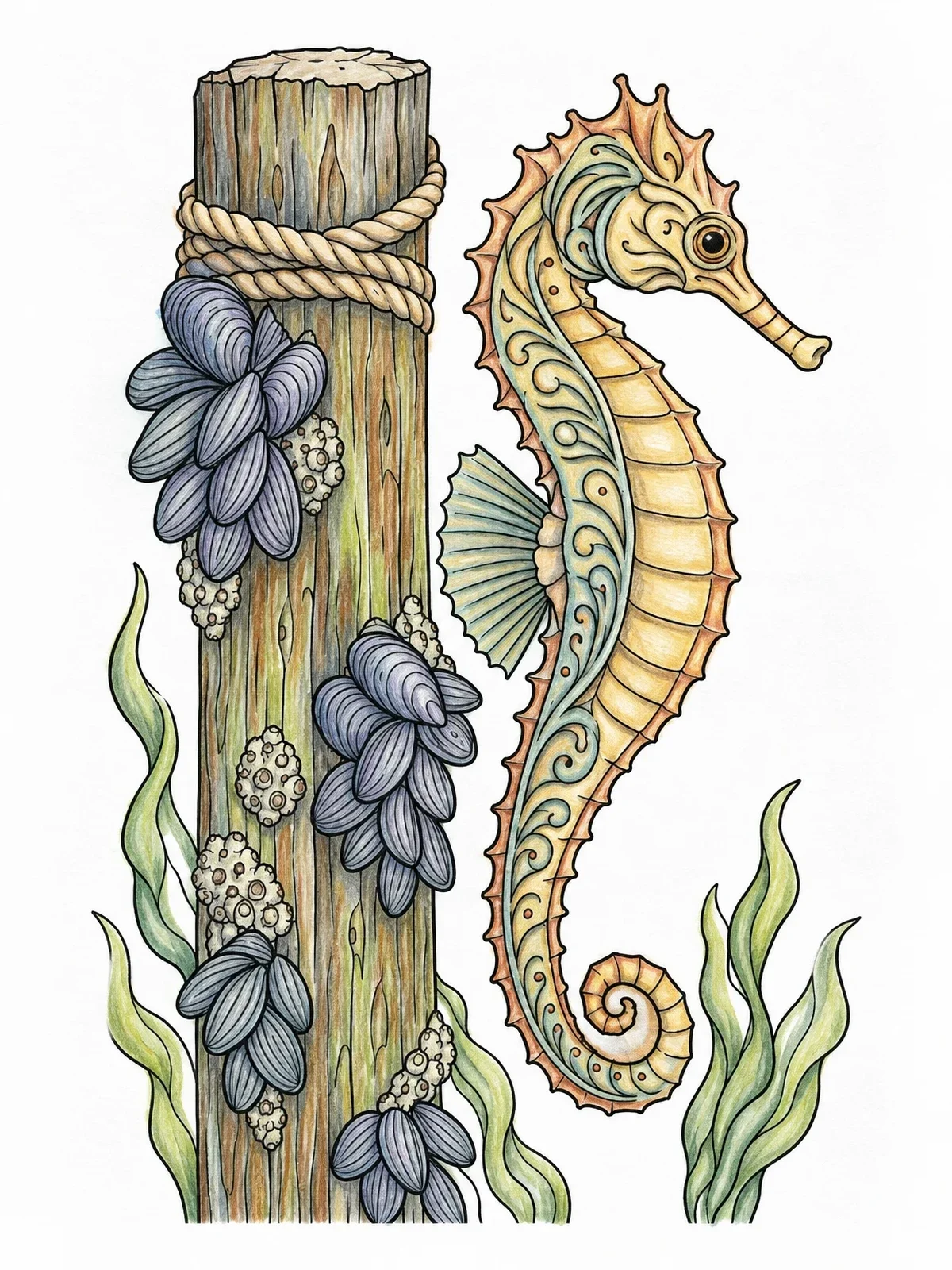 Colored example of the Seahorse By A Wooden Dock Piling coloring page