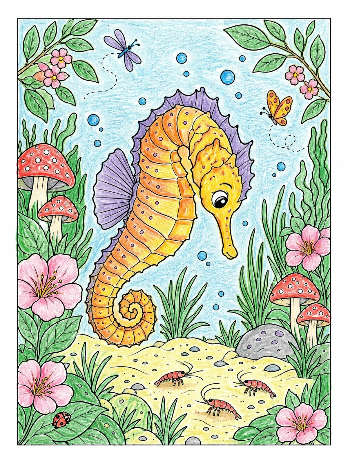 Colored example of the Seahorse Looking At Tiny Shrimp coloring page