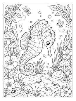 Free printable Seahorse Looking At Tiny Shrimp coloring page