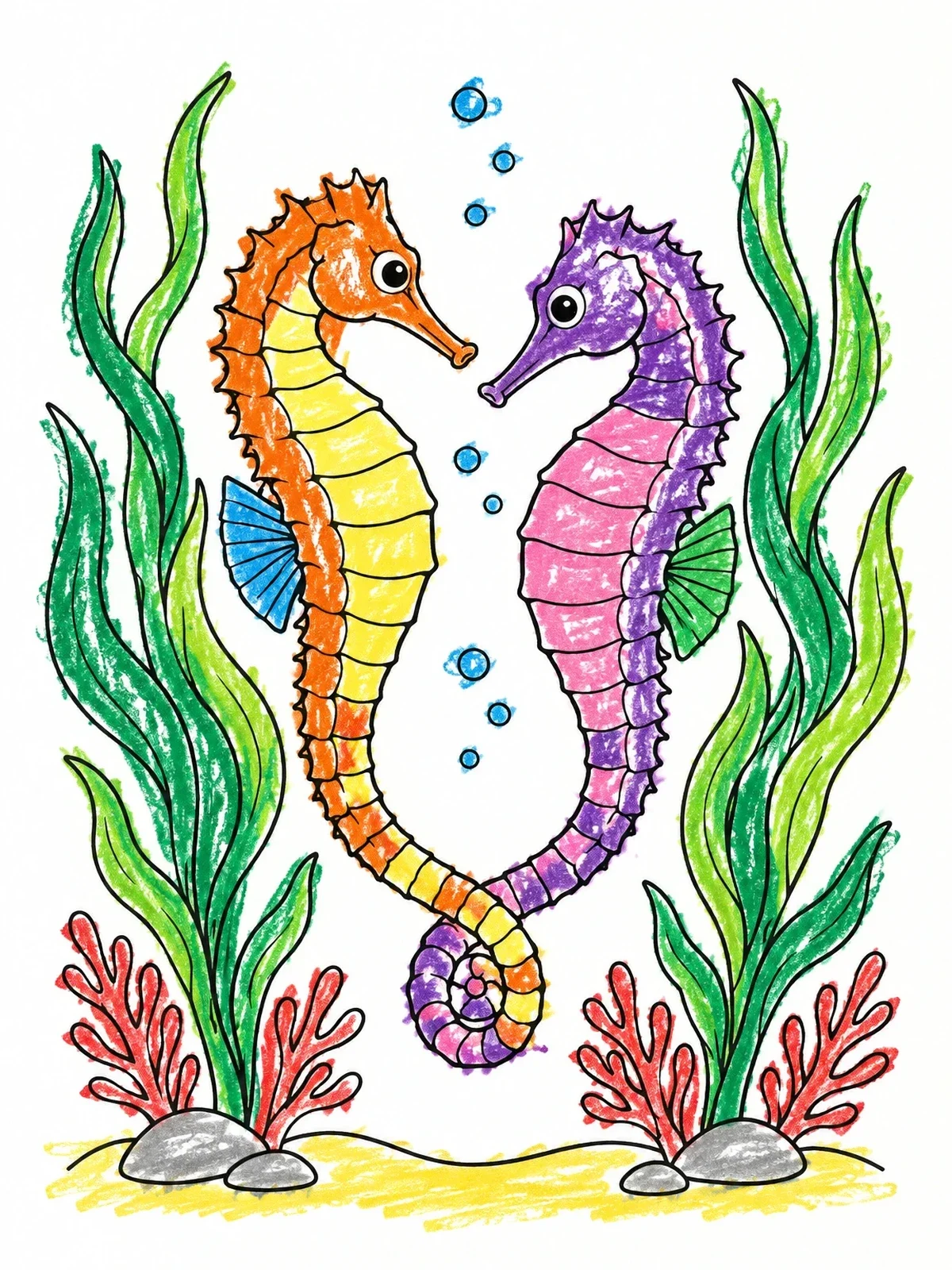 Colored example of the Seahorse Pair With Linked Tails coloring page