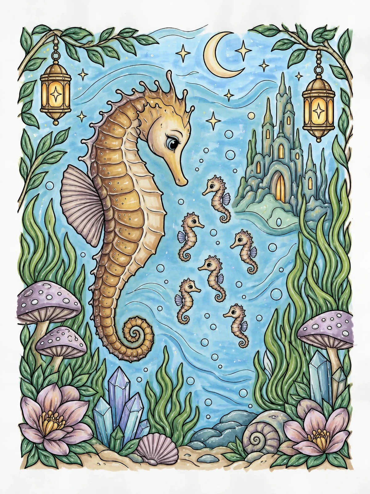 Colored example of the Seahorse Parent And Swimming Babies coloring page