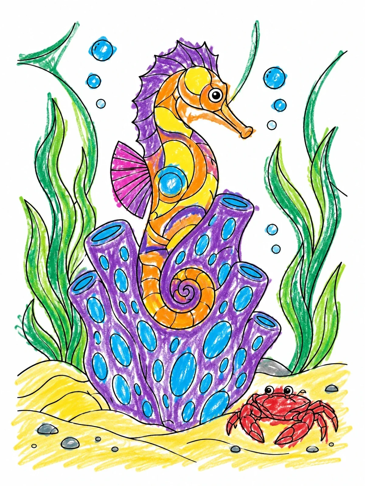 Colored example of the Seahorse And Crab By Coral coloring page