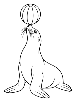 A cheerful seal coloring page featuring a sea lion balancing a striped ball on its nose.