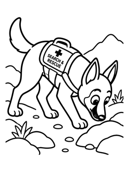 A friendly Belgian Malinois coloring page featuring a search and rescue dog following a scent trail outdoors.