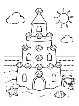 A beach coloring page with a tall sandcastle decorated with seashells under a smiling sun.