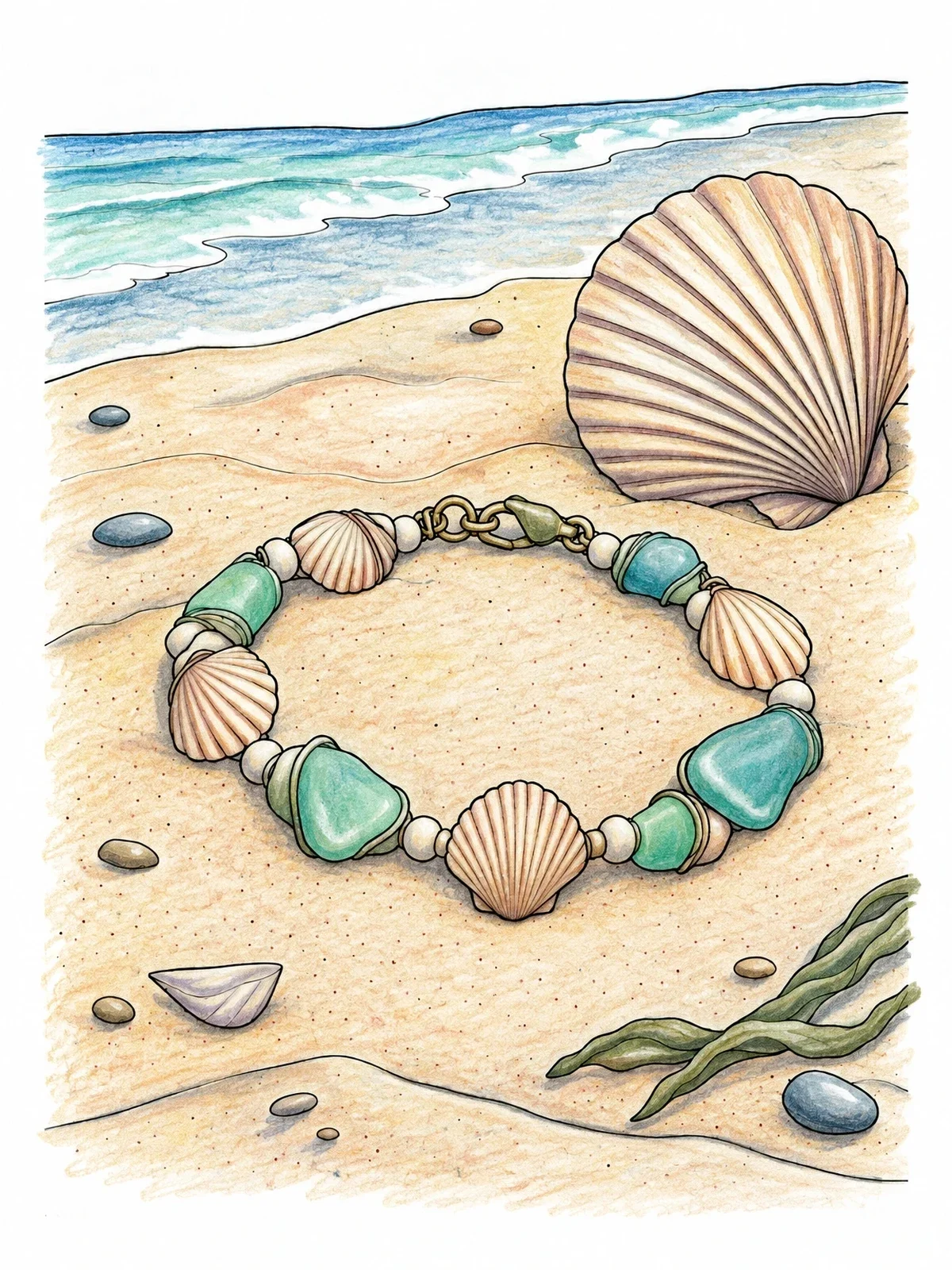 Colored example of the Seashell And Sea Glass Bracelet On Beach coloring page