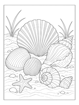 A detailed shells coloring page showing scallop, conch, and spiral shells resting in sand with a small starfish.