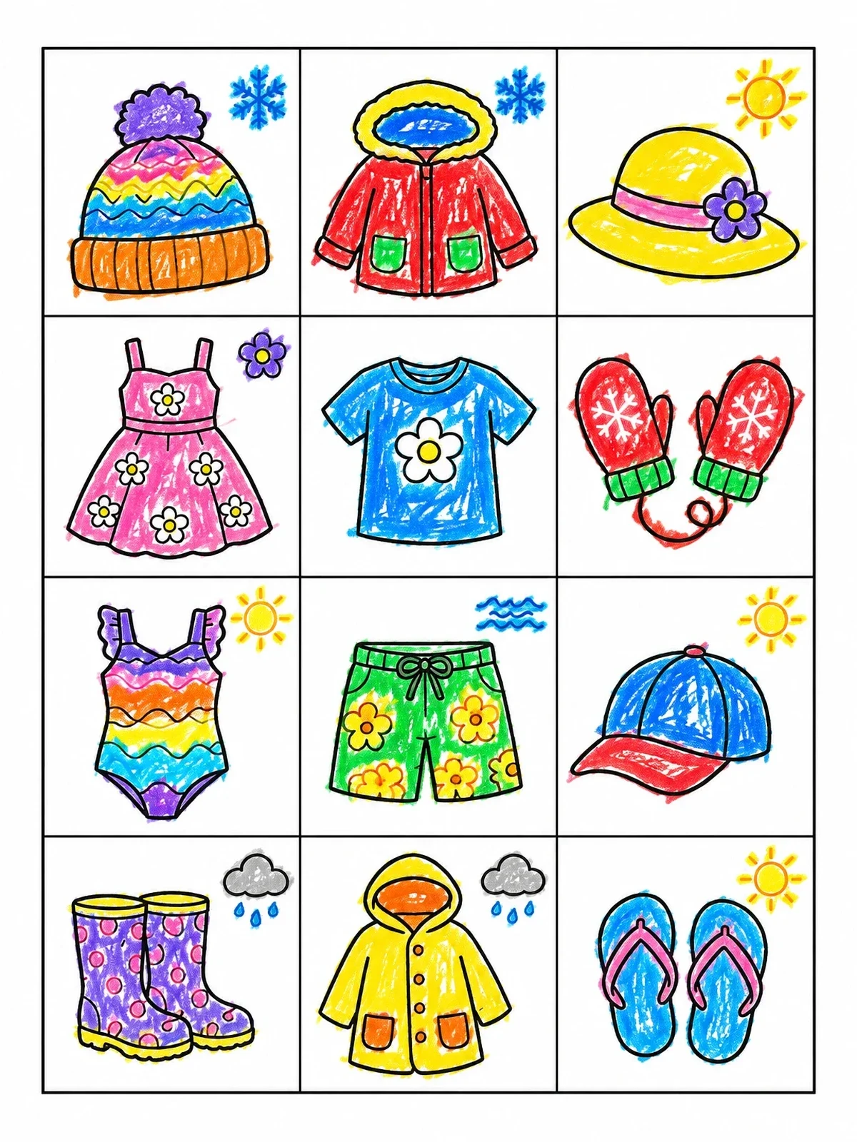 Colored example of the Seasonal And Summer Clothes Grid coloring page