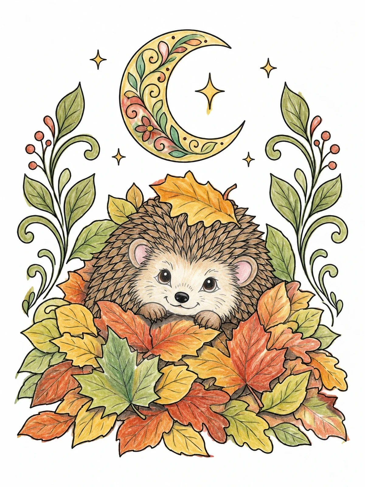 Colored example of the Autumn Hedgehog Under Crescent Moon coloring page