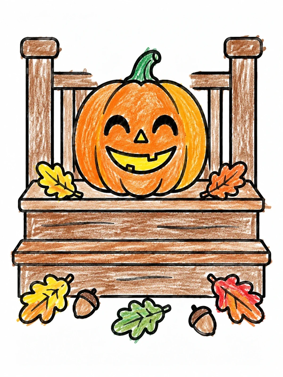 Colored example of the Carved Pumpkin On Wooden Porch Steps coloring page
