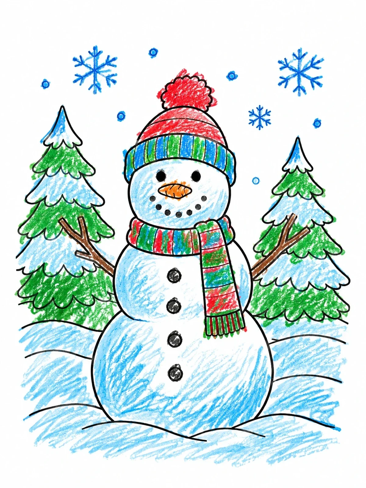Colored example of the Cheerful Snowman In Winter Landscape coloring page