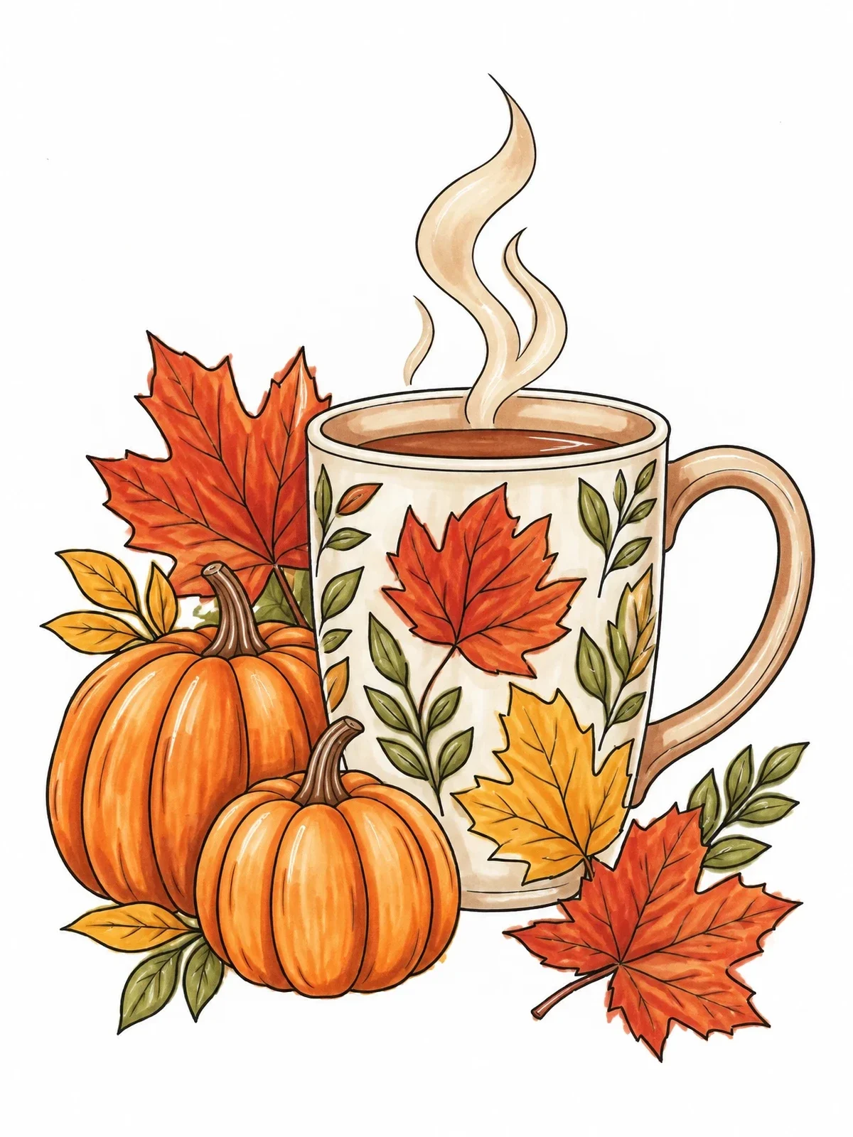 Colored example of the Cozy Autumn Mug And Pumpkins coloring page