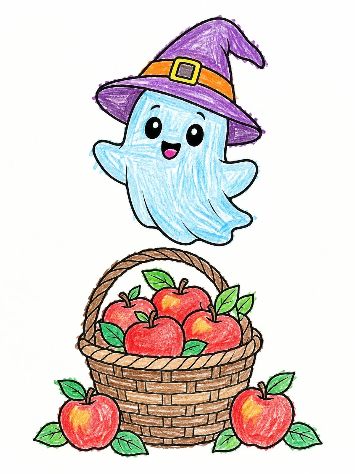 Colored example of the Cute Ghost With Apple Basket coloring page