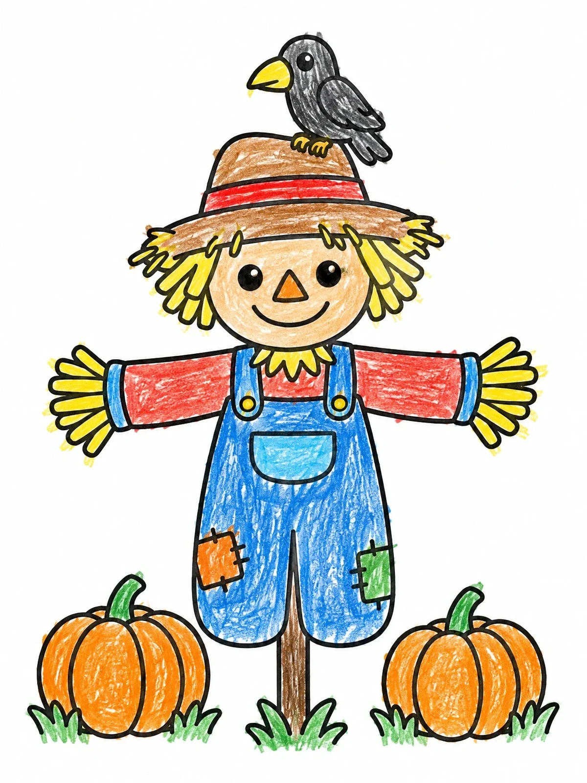 Colored example of the Friendly Scarecrow With Little Crow coloring page