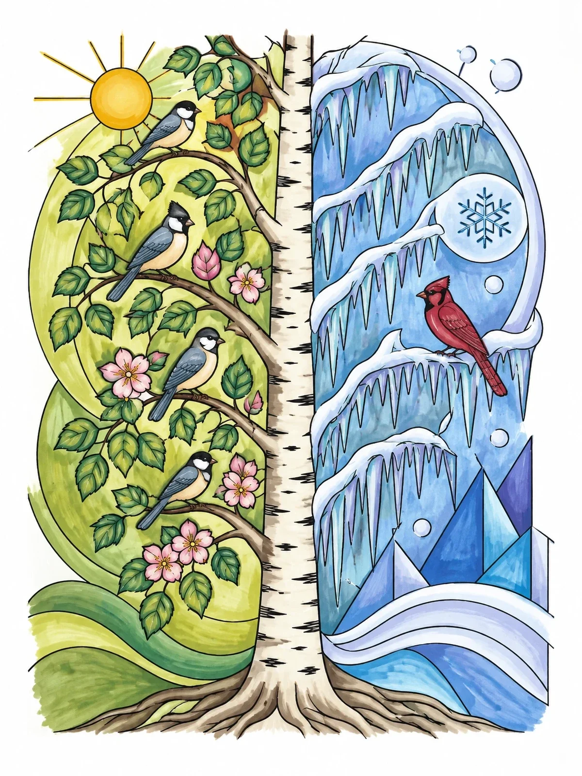 Colored example of the Split Birch Tree In Summer And Winter coloring page