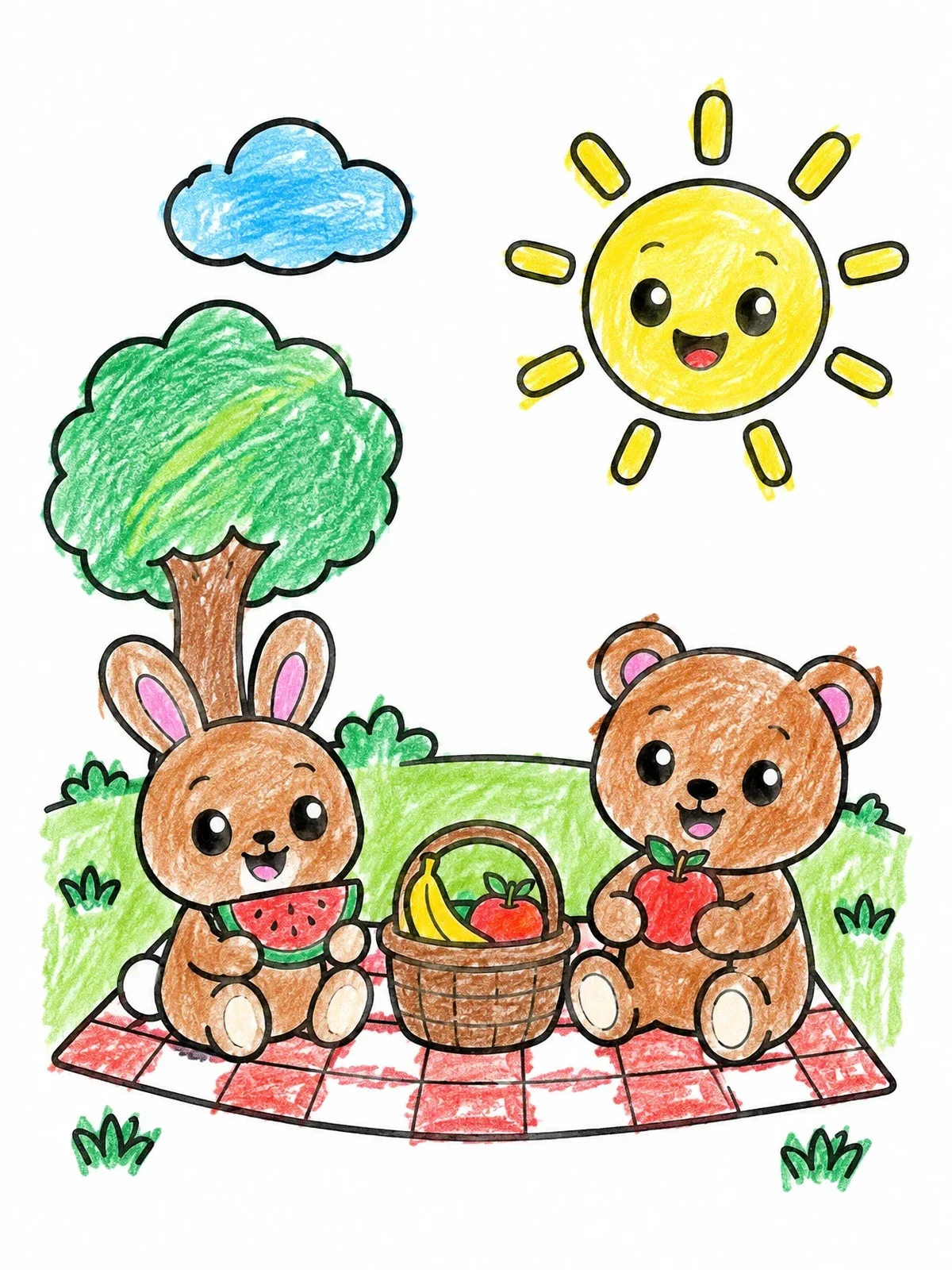 Colored example of the Sunny Summer Picnic With Animal Friends coloring page