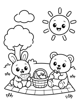 Free printable Sunny Summer Picnic With Animal Friends coloring page