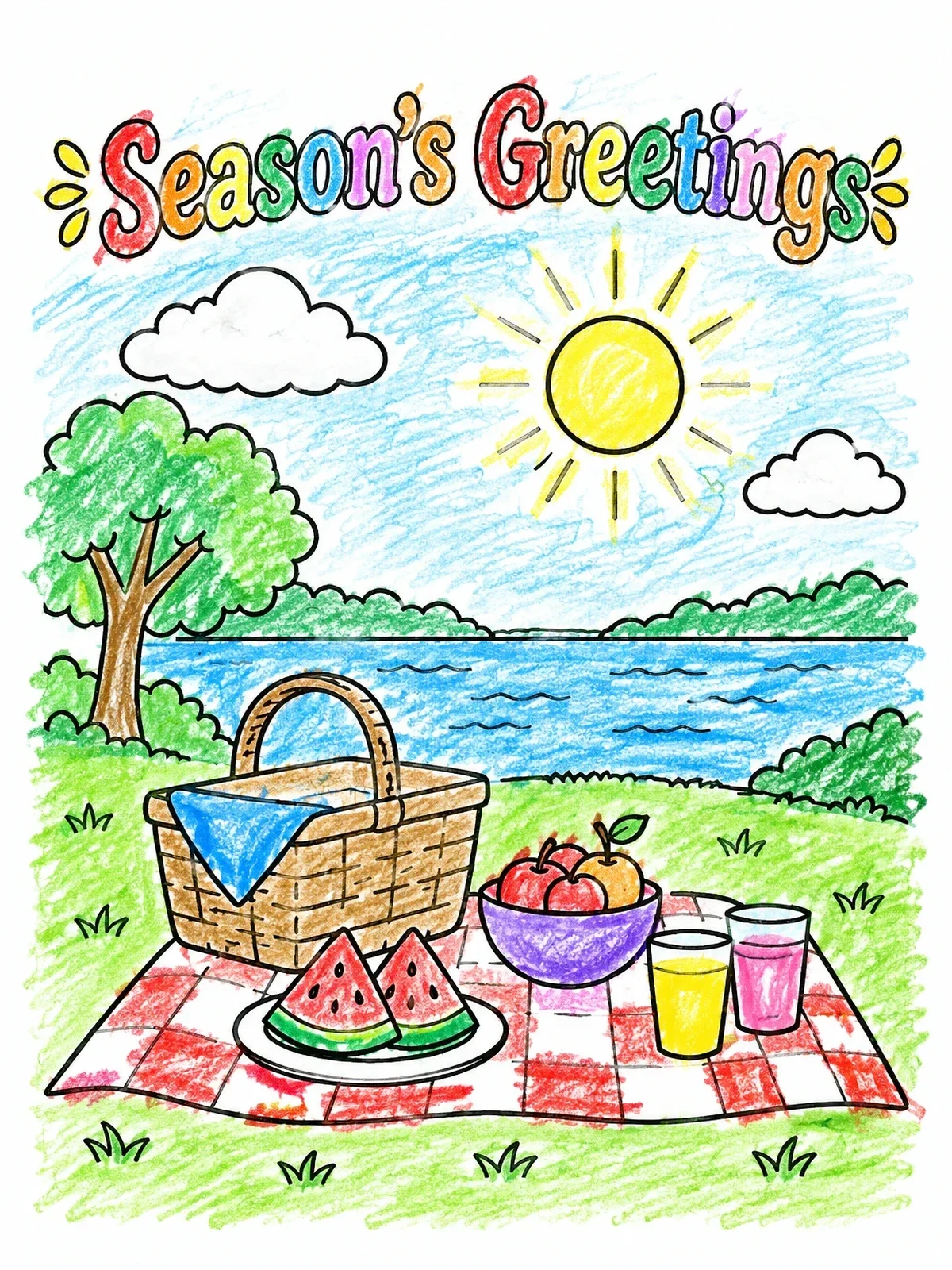 Colored example of the Sunny Summer Picnic By The Lake coloring page