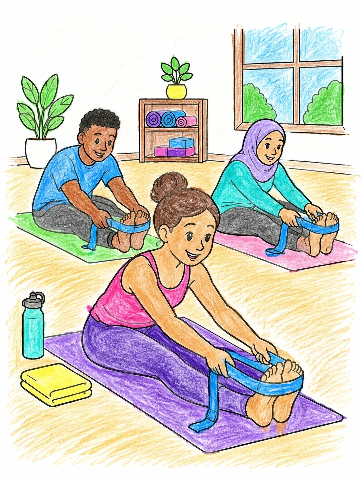 Colored example of the Seated Forward Bend Yoga Class coloring page